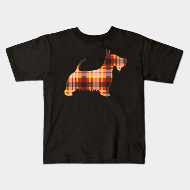 Red, Yellow and Black Tartan Scottish Terrier Dog Silhouette Kids T-Shirt by MacPean